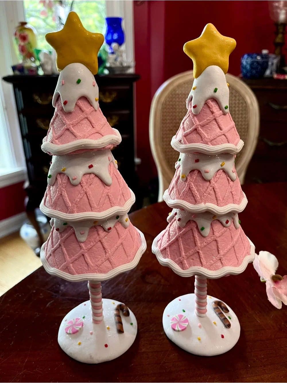 Set of 2 Pink Waffle Cone Christmas Tree Figurines 10
